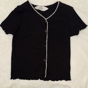 H&M Black Button-Front Short Sleeve Knit Top with White Trim